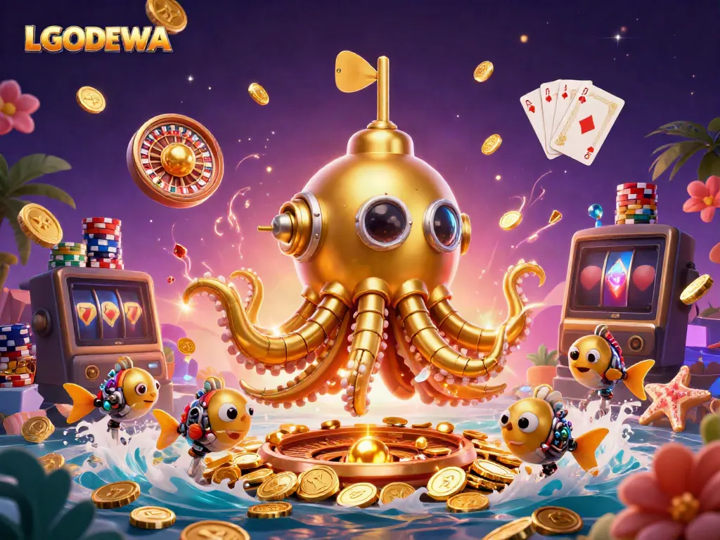 Experience thrilling gameplay with LGODEWA, featuring a golden kraken submarine surrounded by dazzling casino elements.