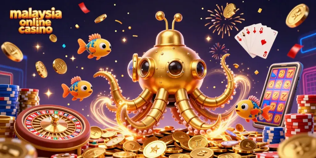 Experience the excitement of the malaysia online casino, featuring a golden kraken submarine and vibrant game elements.