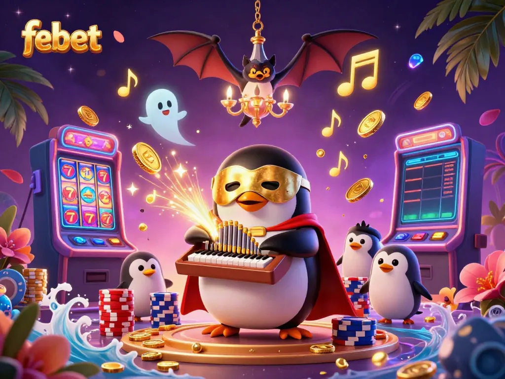 Experience the thrill with febet: A vibrant 3D illustration showcasing unique casino elements and characters.