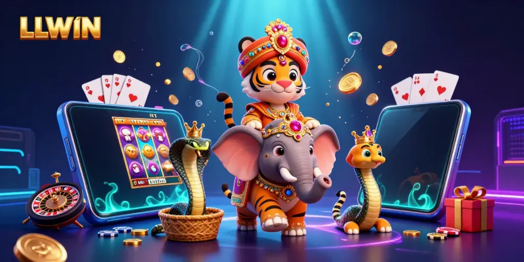 Engage in thrilling games at LLWIN, featuring a vibrant casino scene with a tiger, elephant, and slot machines.