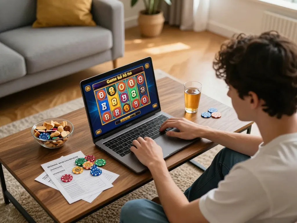 Engaging player enjoying Game bài nổ hũ experience in a cozy home setting.