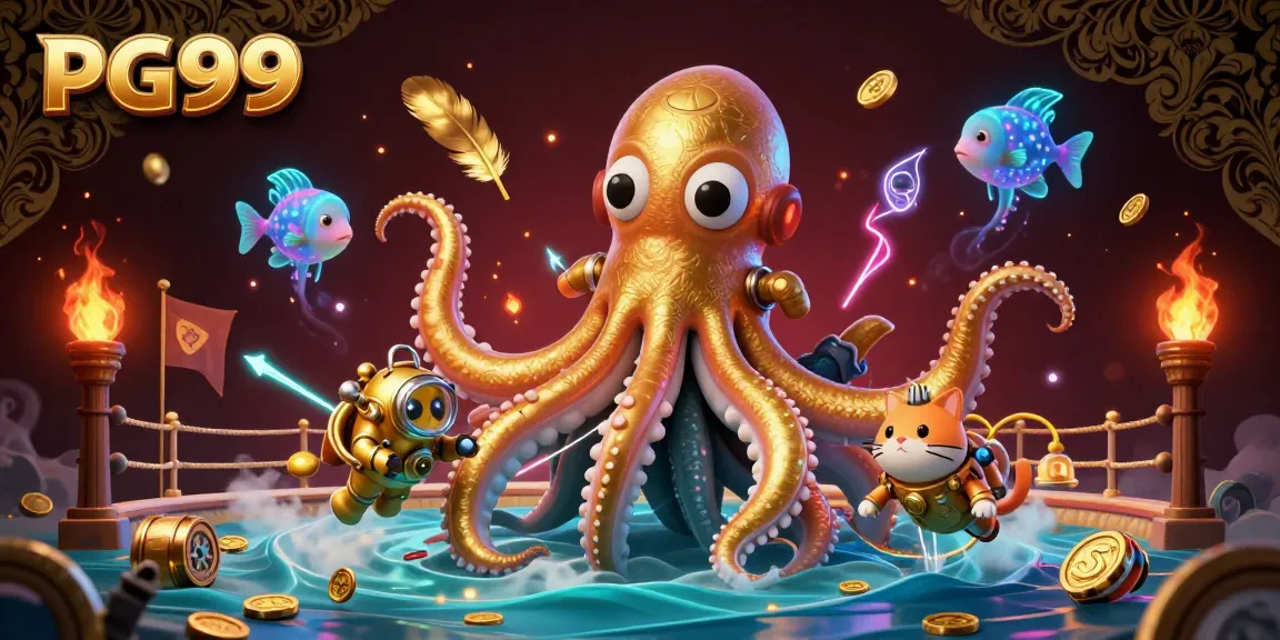 Engage with PG99 while playing thrilling games amid a mystical kraken scene.
