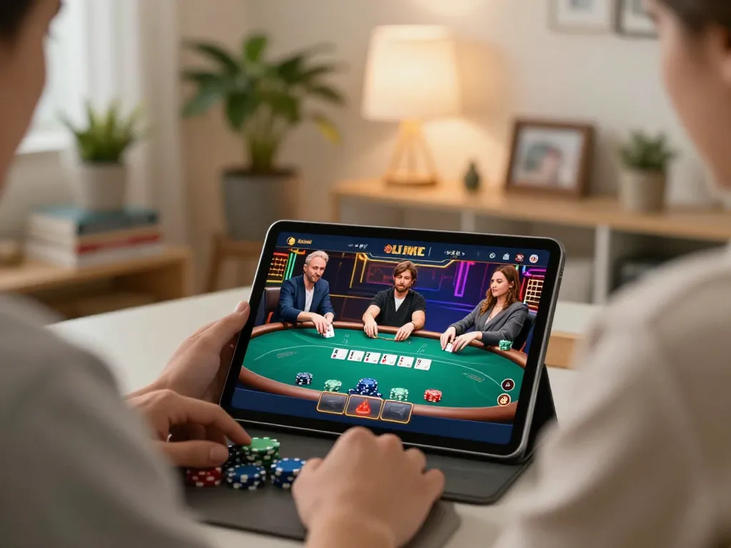 Players engaging in strategic gaming on TG88's interactive poker app during a cozy home session.