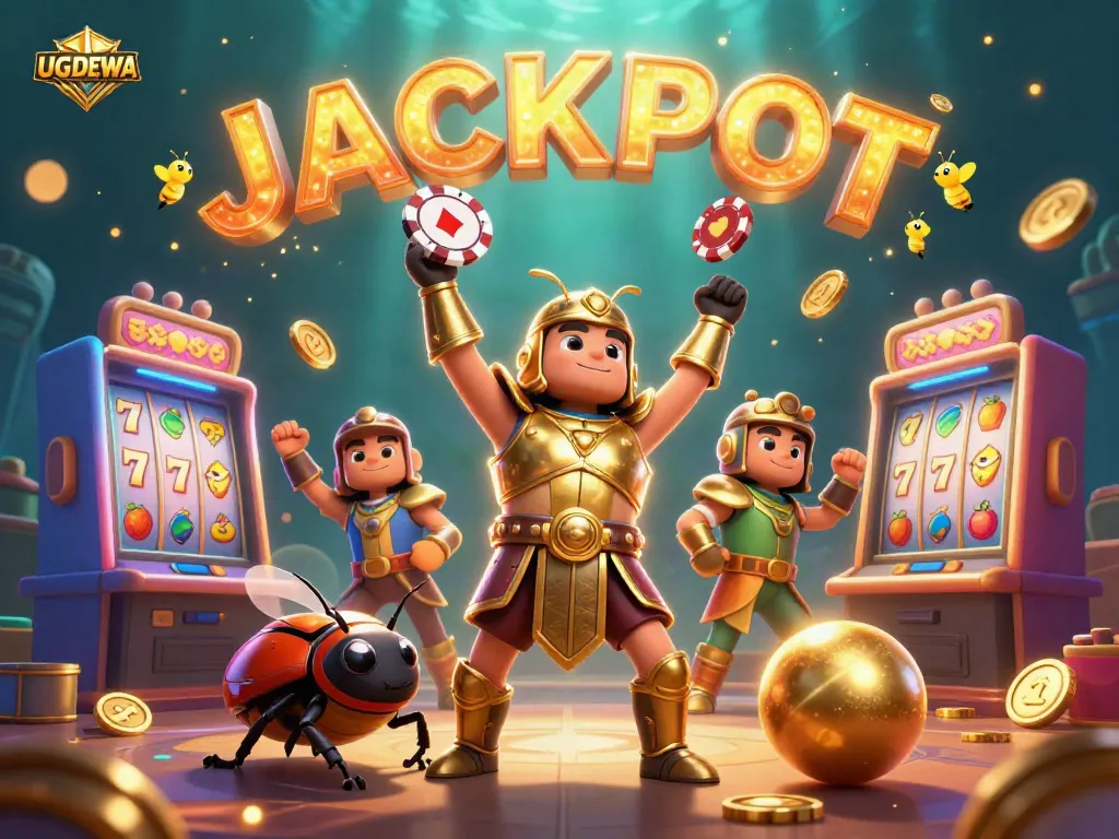 Engage with UGDEWA's winning spirit as a triumphant hercules beetle lifts a poker chip surrounded by rich casino visuals.