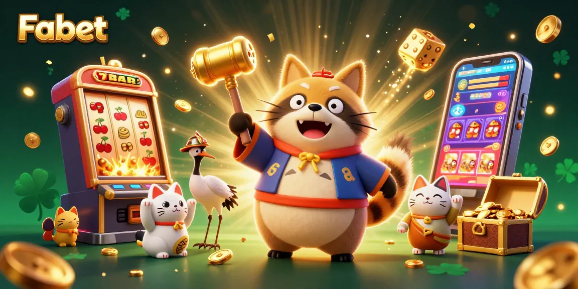 Fabet features a happy tanuki celebrating a jackpot with colorful casino elements and lucky symbols.