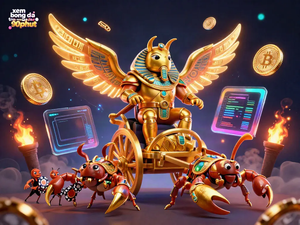 Experience xem bong da truc tiep 90phut with vibrant golden beetle in pharaoh armor and glowing game elements.