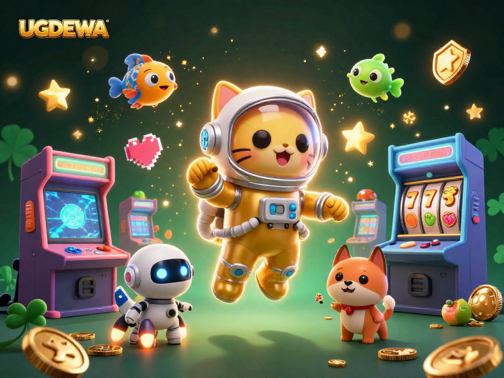 Spin and win big with UGDEWA in this vibrant 3D casino adventure featuring cartoon astronauts and arcade machines.