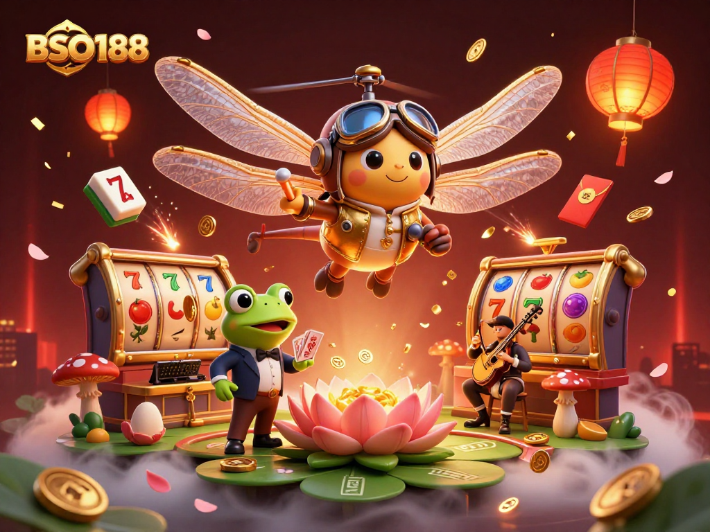 Experience the excitement of BSO188 as players engage in animated casino games surrounded by vibrant slot machines and cheering musicians.