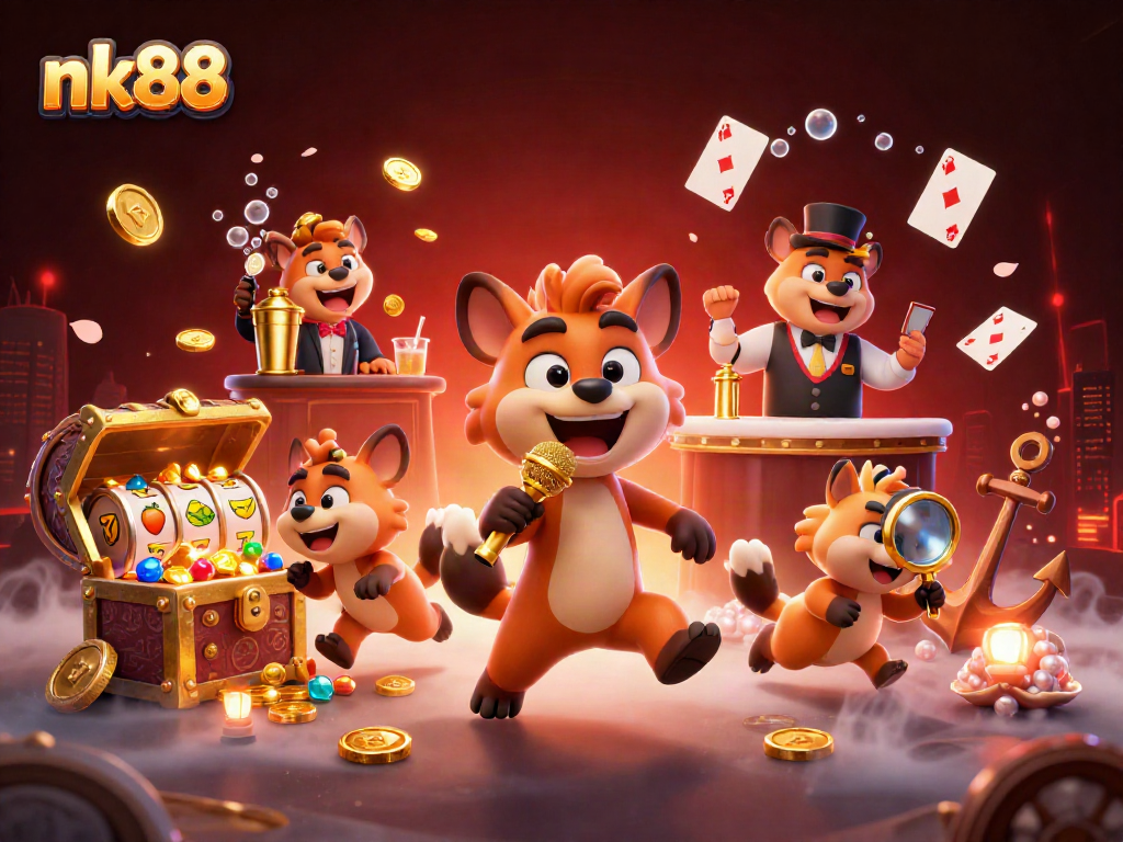 Experience nk88's vibrant comedy casino with a pack of hyenas in action, enjoying the thrill of gaming.