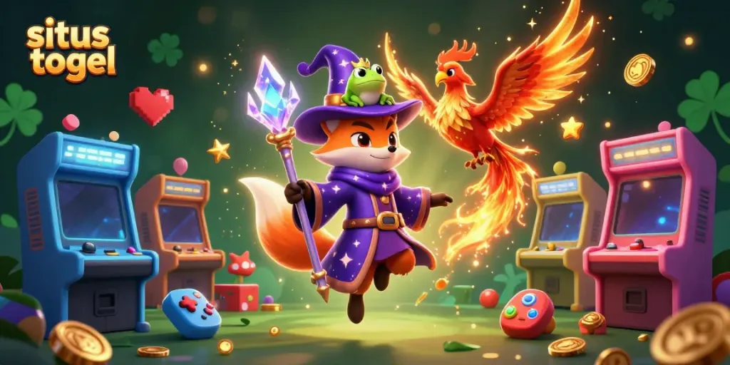 Experience interactive situs togel magic with a wizard fox and phoenix in a vibrant casino scene.