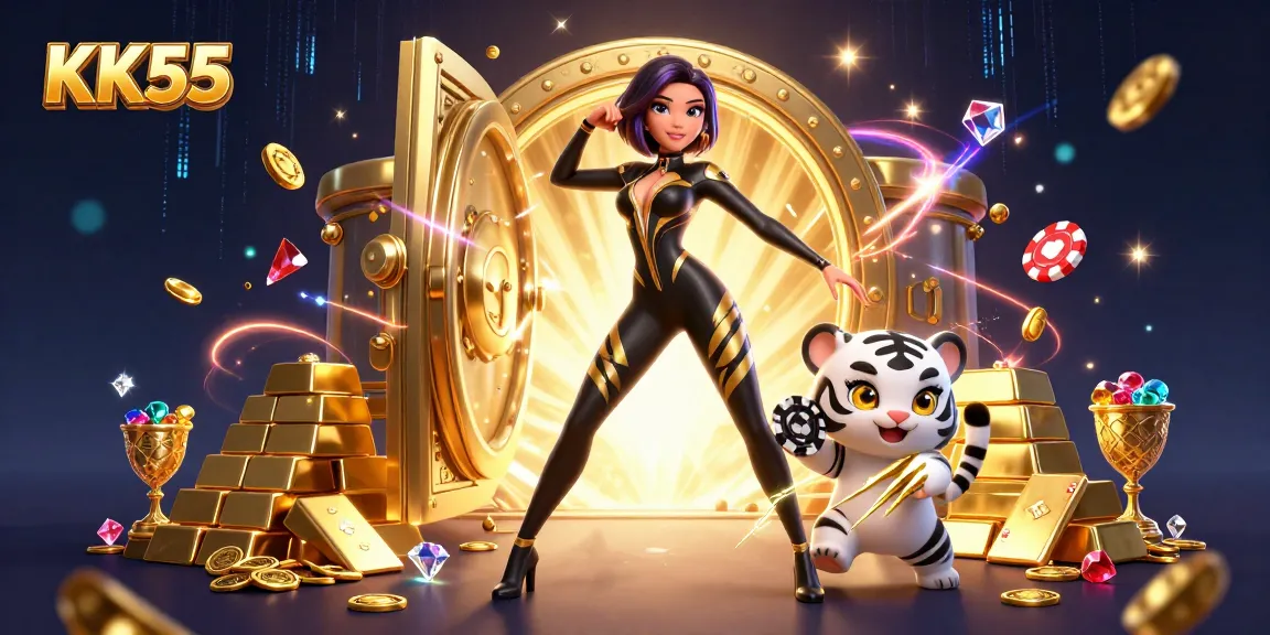 Engage in thrilling gaming at KK55, featuring a dynamic scene of a woman and baby tiger amidst treasure and casino elements.