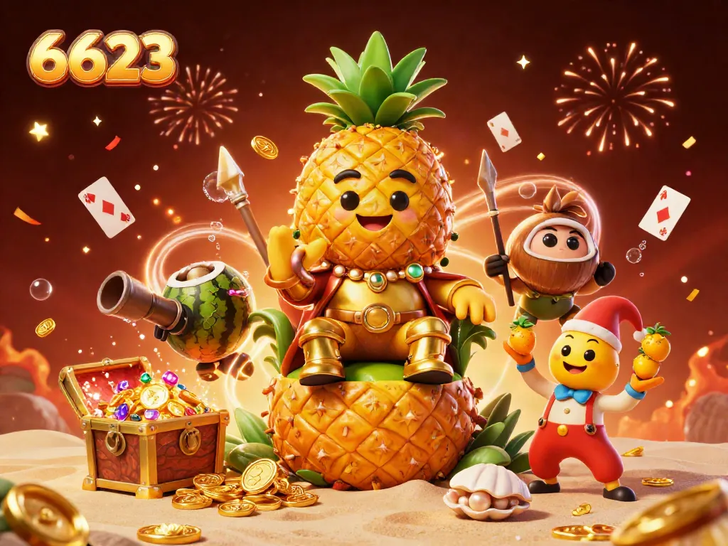 Engage with the vibrant 6623 casino adventure featuring a golden pineapple king amid lively game elements.