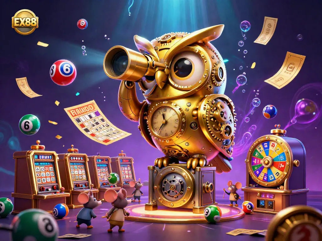 Experience the excitement of EX88 with a dynamic casino scene featuring a golden owl and lively action.