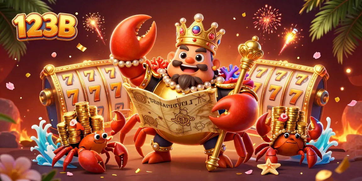 Experience big wins with 123B's colorful slot reels and golden crab emperor in a vibrant casino scene.