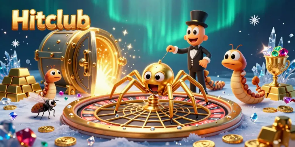 Experience the thrill of betting at Hitclub with a vibrant casino scene featuring a golden spider and treasure.