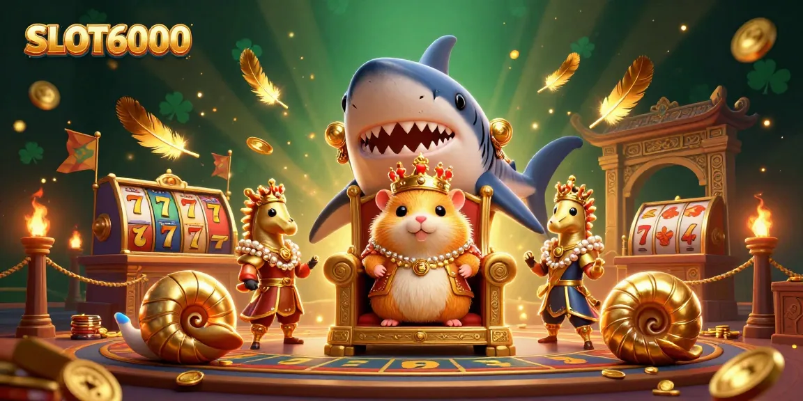 SLOT6000 engages players in a captivating 3D casino scene with a fierce golden hamster king and vibrant slot elements.
