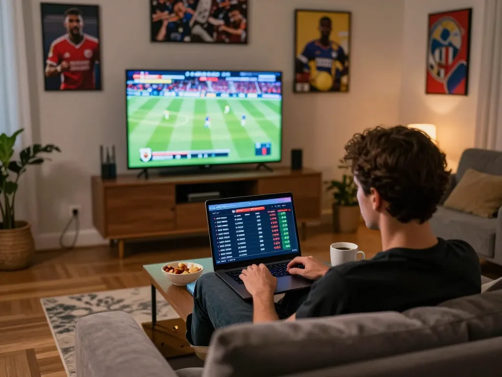 Tỷ lệ kèo nhà cái displayed on a laptop during an exciting sports betting session in a cozy living room