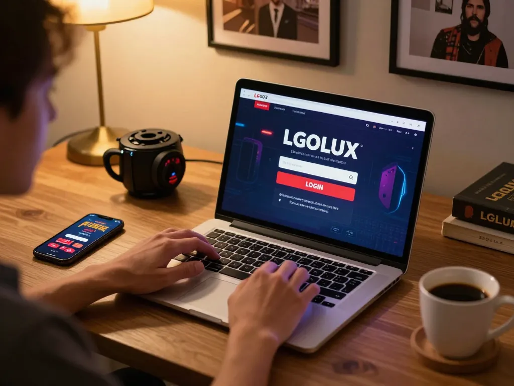 Engaging in online gaming with LGOLUX LOGIN displayed on laptop, showcasing a cozy home office setup.
