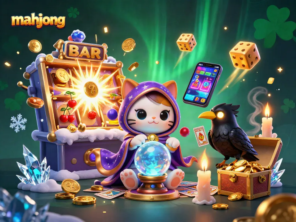 Experience mahjong excitement with a mystic cat, raven, and vibrant slot action!