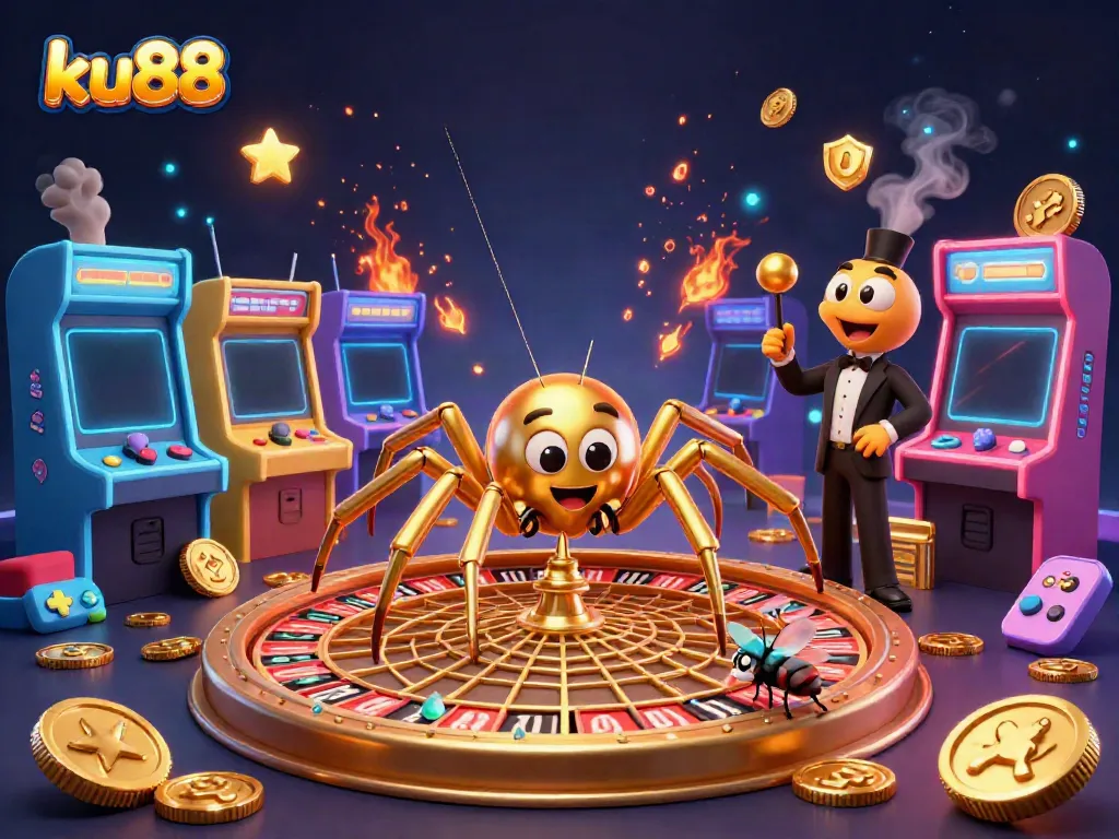 Engage with ku88's thrilling 3D casino illustration showcasing vibrant characters and gaming elements.