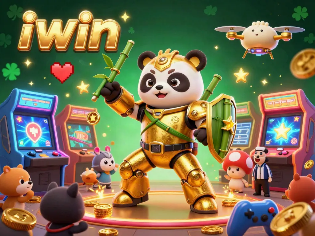 Engage in thrilling gameplay with iwin's exciting 3D casino illustration showcasing a golden panda mech-suit amidst arcade elements.