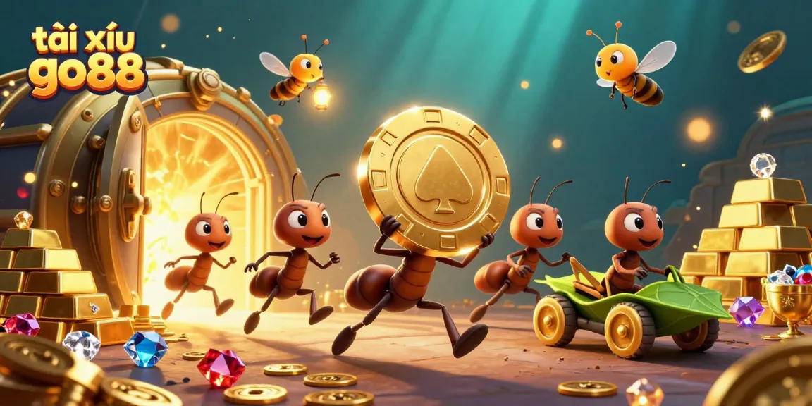 Engage with tài xỉu go88 tactics as lively ants heist poker chips amidst golden treasures.