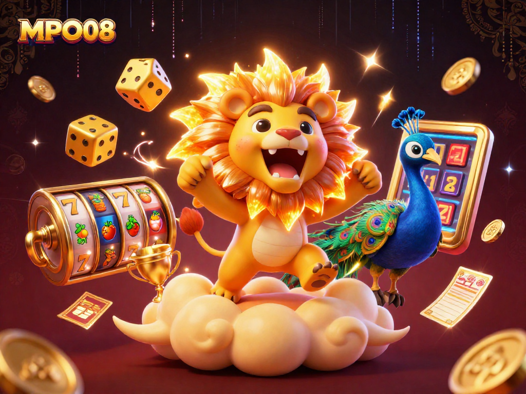 Experience engaging gameplay with MPO08’s dazzling slot reels and interactive elements in a vibrant casino environment.