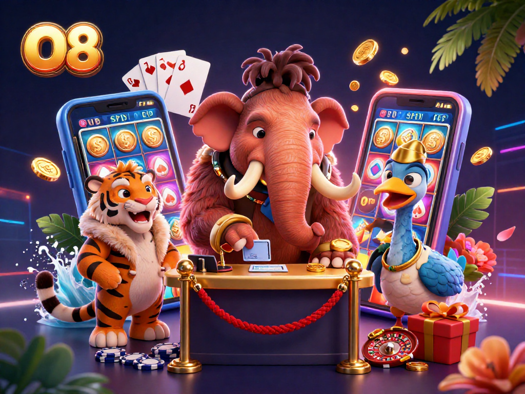 O8 invites players to roll the dice with a vibrant casino scene featuring unique characters and dynamic game elements.