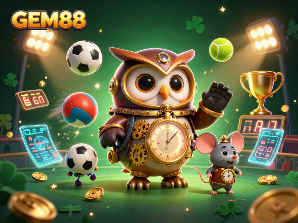 Engage with GEM88 as a time-traveling owl navigates a vibrant casino world filled with sports elements.
