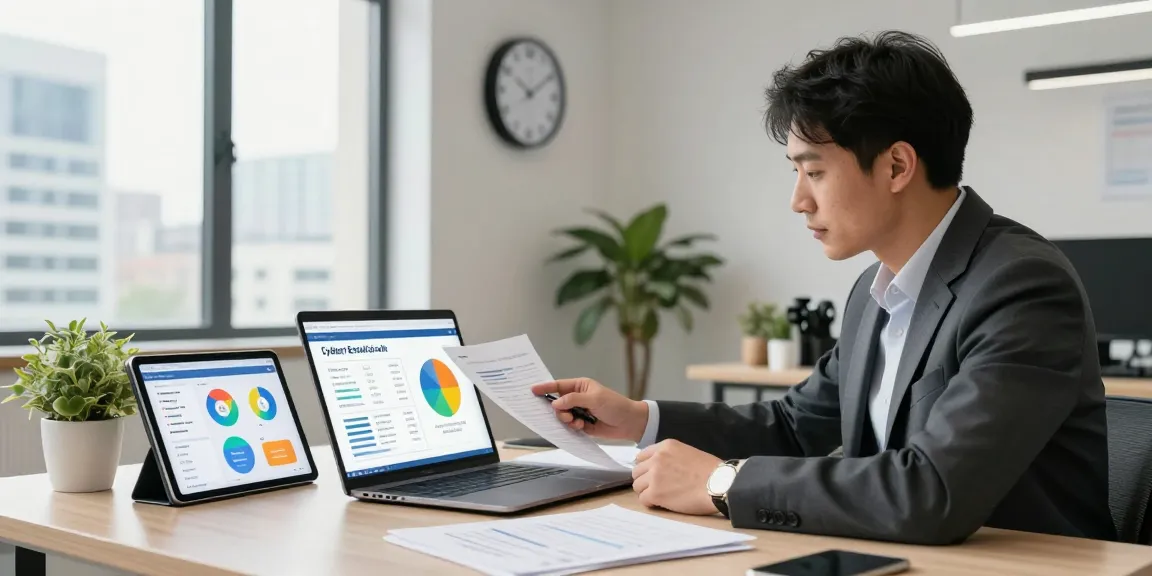 Business professional reviewing cyber essentials cost and compliance details in modern office.