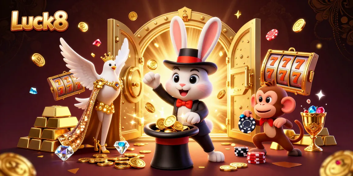 Experience the thrill of Luck8 with a 3D illustration featuring a magician rabbit, coins, and casino elements.