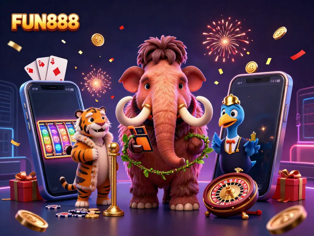 Experience the excitement at FUN888 with unique characters and vibrant casino games in a dynamic scene.