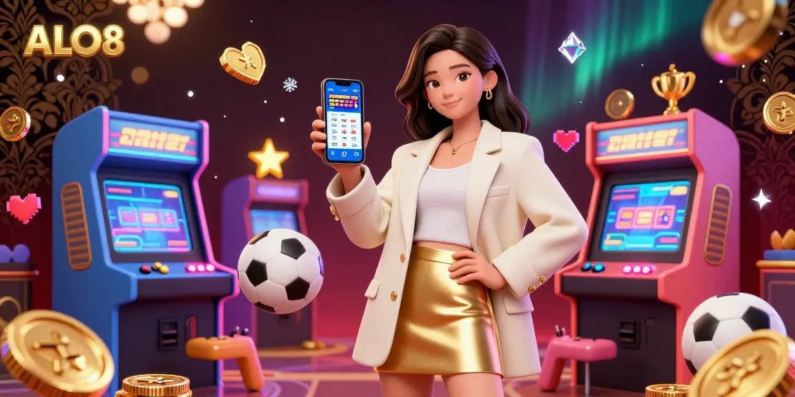 Engage with ALO8's vibrant casino world through a friendly Asian woman displaying a sports betting app.