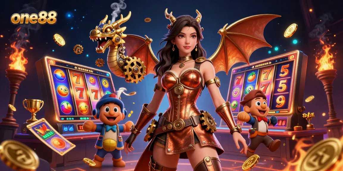 Experience the thrill of one88 with a vivid steampunk casino scene showcasing slot reels and dynamic golden elements.