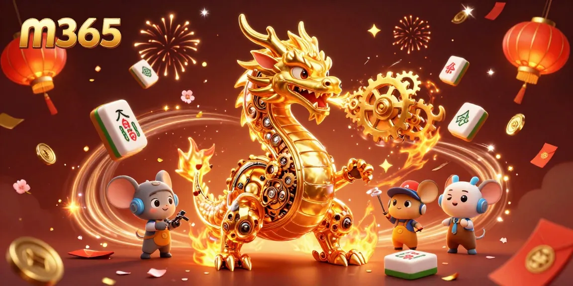 Experience exciting gameplay at m365 with the golden dragon breathing gears, surrounded by festive symbols.