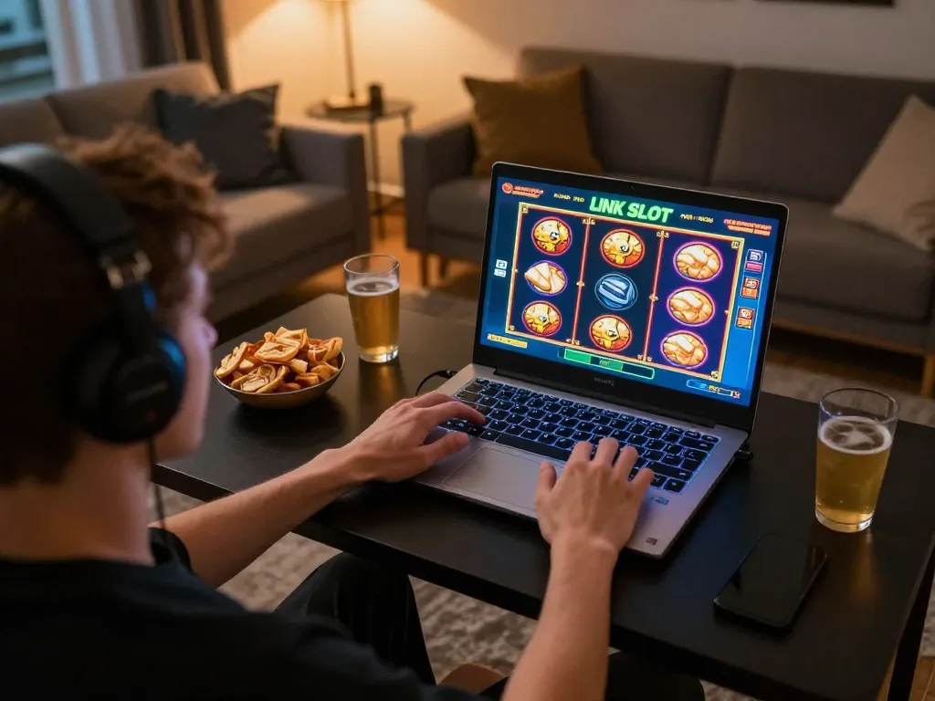 Engaged player actively betting on a Link Slot game, showcasing vibrant online gaming atmosphere.