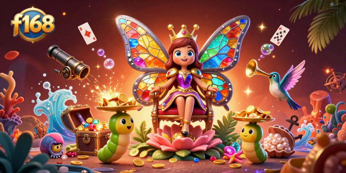 Experience f168’s vibrant gaming world with our cartoon butterfly queen, showcasing colorful gems and golden coins.