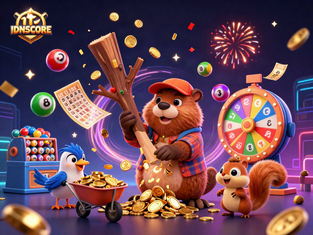IDNSCORE showcases a vibrant casino scene with a beaver, bird, and squirrel amidst golden coins and lottery excitement.