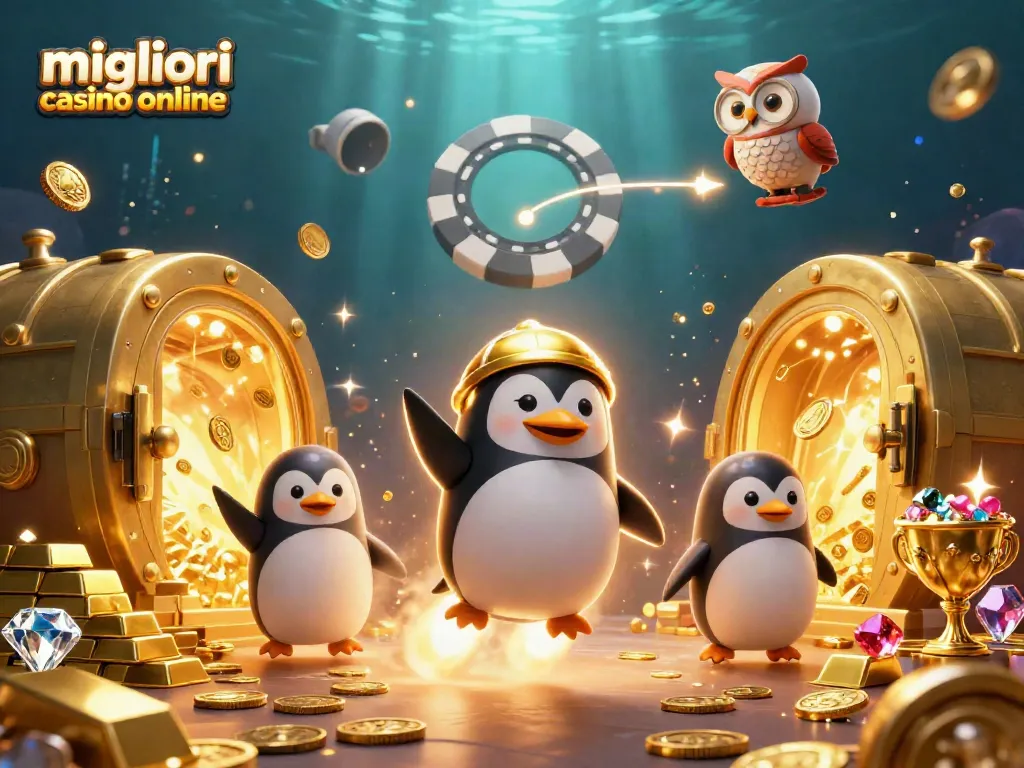 Gioca nei migliori casinò online con il pinguino dorato e simboli di ricchezza sullo sfondo