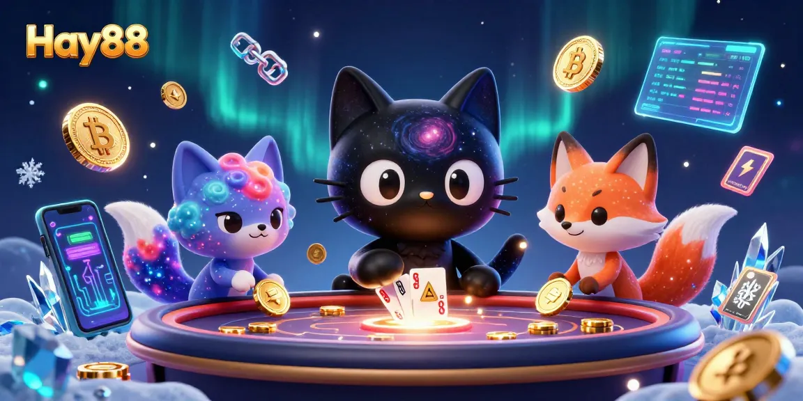 Engage in thrilling gameplay with Hay88's cosmic casino featuring vibrant characters and crypto elements