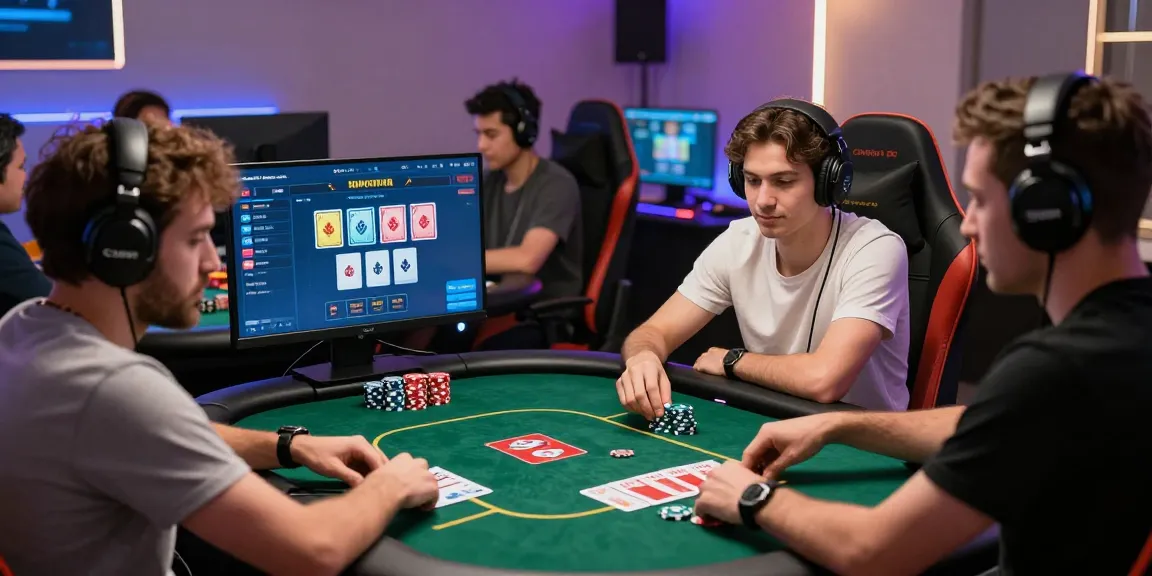 Engaged players in an exciting Game Poker Uang Asli Dominobet session at digital tables, showcasing a lively online poker atmosphere.