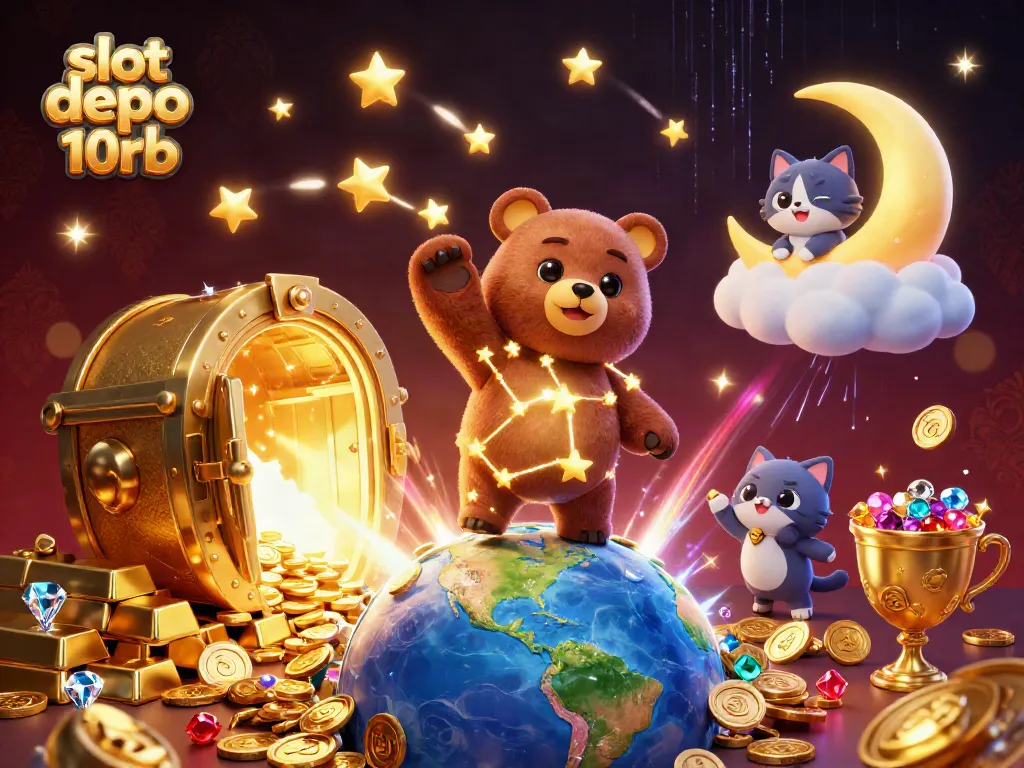 Play slot depo 10rb and discover riches in a vibrant casino-themed illustration.