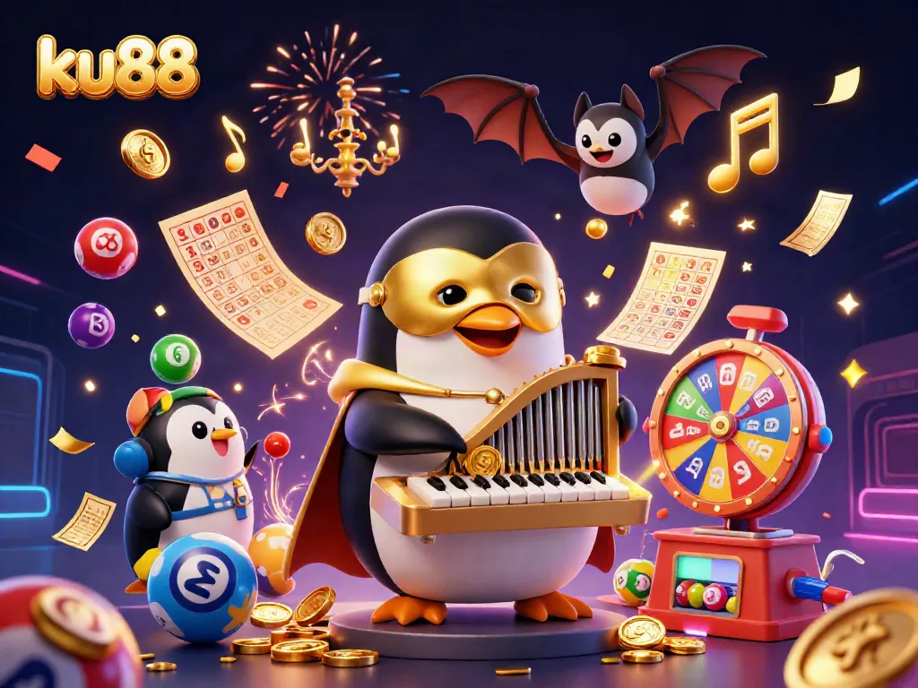 Experience the thrill of winning at ku88 with a whimsical 3D scene featuring a charming penguin and colorful dynamic elements