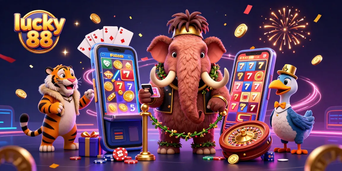 Engage with lucky 88 slot excitement in an energetic casino scene featuring unique characters and dynamic game elements.