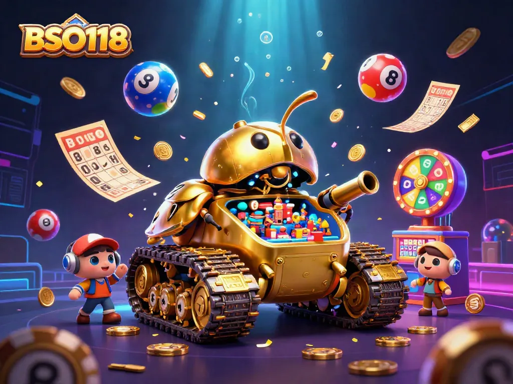 Experience the thrill of BSO118 with a dynamic 3D casino scene featuring colorful lottery elements.