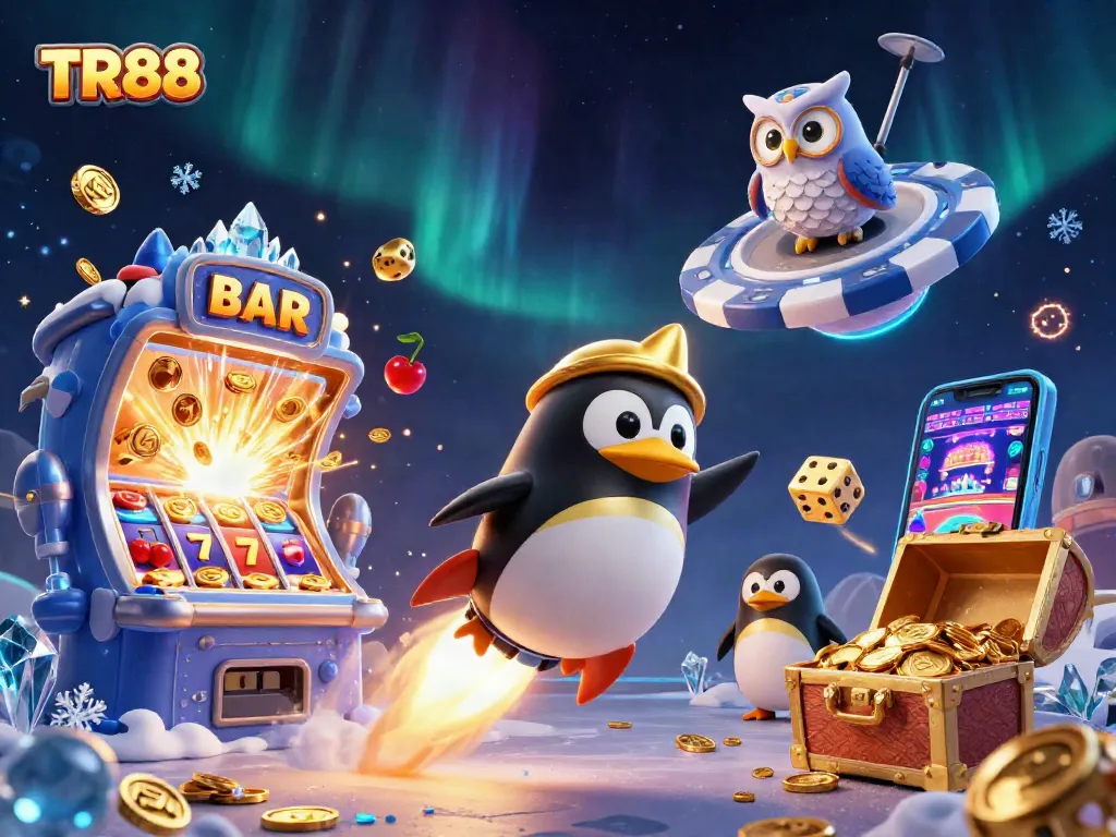 Engage with TR88 through a vibrant casino-themed visual showcasing a penguin in space.