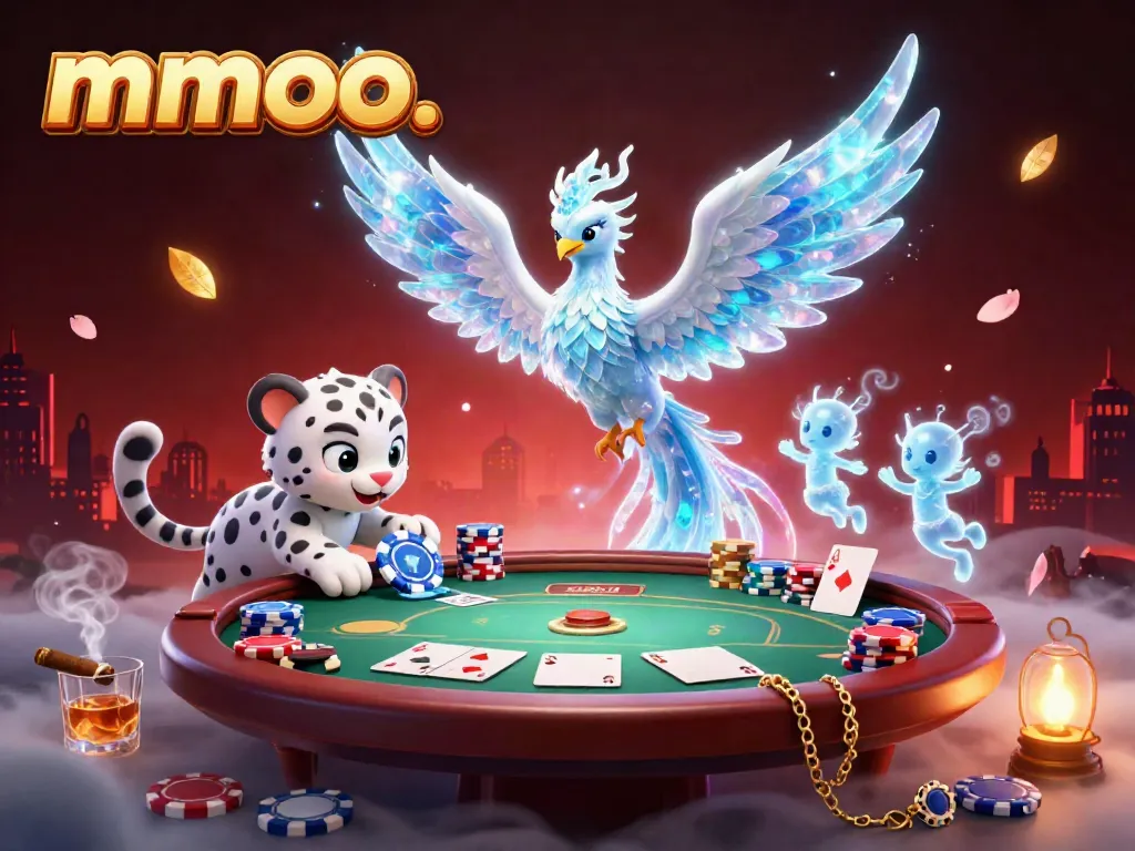 Engaging mmoo. event scene showcasing a poker table with vibrant characters and glowing chips.