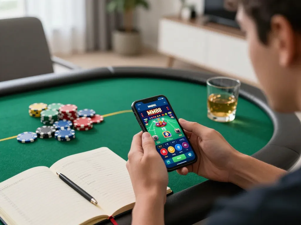 Player engaging with MM88 casino app on smartphone, vibrant betting strategies on table, cozy gaming atmosphere