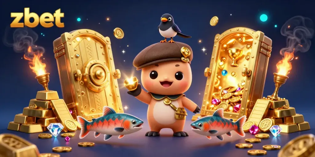 Zbet's enchanting scene featuring a cartoon Nessie with gold treasures, creating a vibrant online gambling experience.