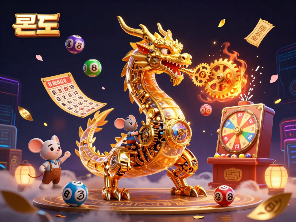 Engage in 롤토토 with a vibrant scene featuring a golden dragon, colorful lottery balls, and a spinning prize wheel.